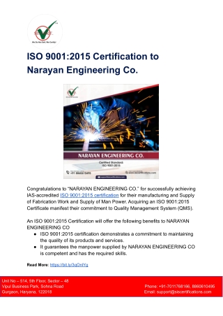 ISO 9001_2015 Certification to Narayan Engineering Co.