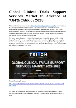 Global Clinical Trials Support Services Market to Advance at 7.84% CAGR by 2028