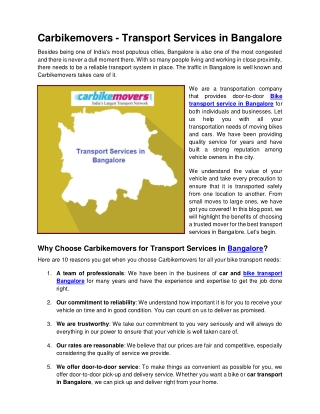 Carbikemovers - Transport Services in Bangalore