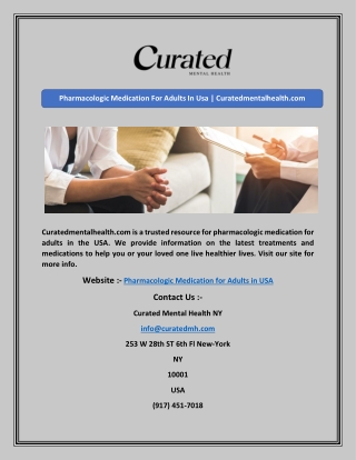 Pharmacologic Medication For Adults In Usa | Curatedmentalhealth.com