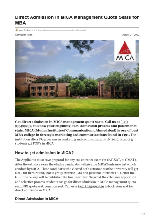 Management quota in MICA| Call@ 9354992359| Direct admission in MICA