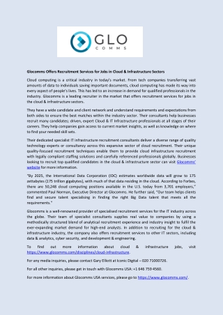 Glocomms Offers Recruitment Services for Jobs in Cloud & Infrastructure Sectors