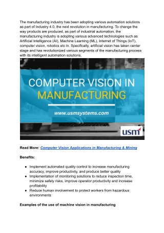 Computer Vision Applications in Manufacturing & Mining