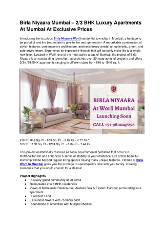 Birla Niyaara Mumbai – 2 And 3 BHK Luxury Apartments At Mumbai At Exclusive Prices