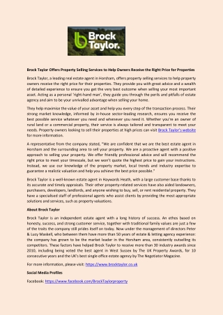 Brock Taylor Offers Property Selling Services to Help Owners Receive the Right Price for Properties