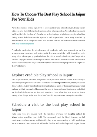 How To Choose The Best Play School In Jaipur For Your Kids