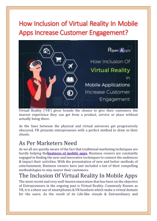 How Inclusion of Virtual Reality In Mobile Apps Increase Customer Engagement