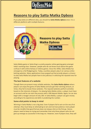 Reasons to play Satta Matka Dpboss