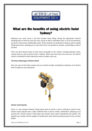 What are the benefits of using electric hoist Sydney