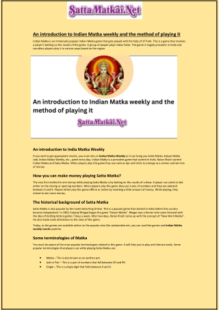 An introduction to Indian Matka weekly and the method of playing it