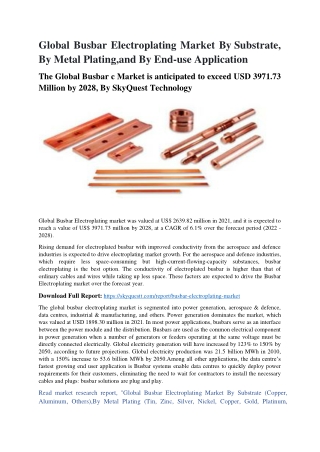 Global Busbar Electroplating Market By Substrate, By Metal Plating,and By End-us