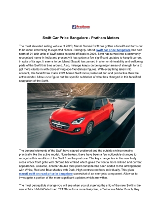 Swift Car Price Bangalore - Pratham Motors