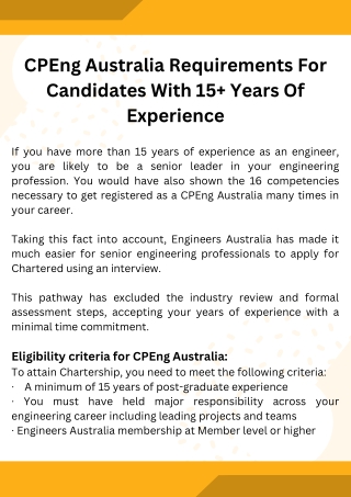 CPEng Australia Requirements For Candidates With 15  Years Of Experience