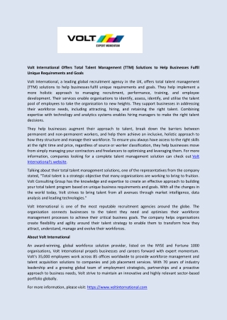 Volt International Offers Total Talent Management (TTM) Solutions to Help Businesses Fulfil Unique Requirements and Goal