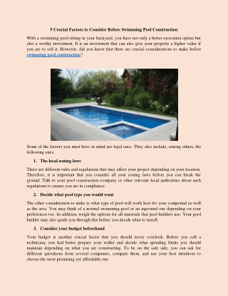 5 Crucial Factors to Consider Before Swimming Pool Construction