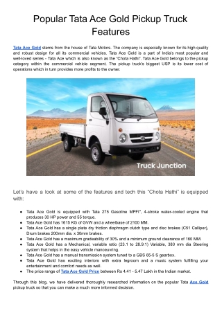 Popular Tata Ace Gold Pickup Truck Features