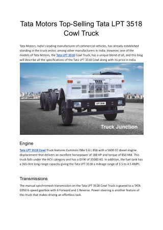 Tata Motors Top-Selling Tata LPT 3518 Cowl Truck