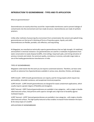 INTRODUCTION TO GEOMEMBRANE - TYPES AND ITS APPLICATION