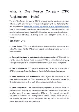 What is One Person Company (OPC Registration) In India