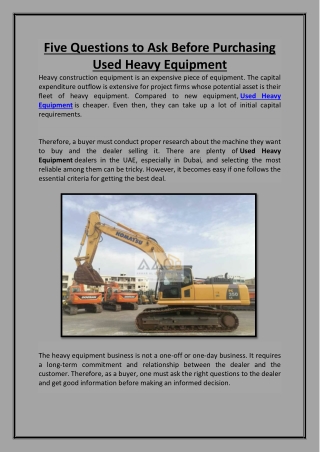 Five Questions to Ask Before Purchasing Used Heavy Equipment