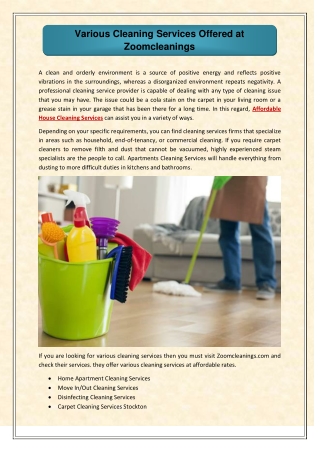 Various Cleaning Services Offered at Zoomcleanings