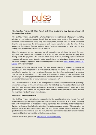 Pulse Cashflow Finance Ltd Offers Payroll and Billing solutions to help Businesses Ensure All Workers are Paid on Time