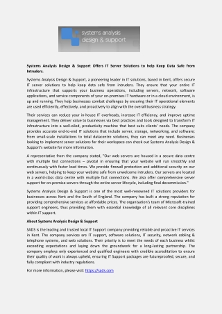 Systems Analysis Design & Support Offers IT Server Solutions to help Keep Data Safe from Intruders