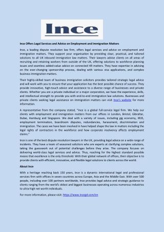 Ince Offers Legal Services and Advice on Employment and Immigration Matters