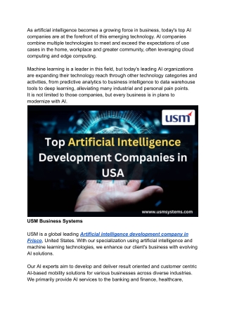 Top Artificial Intelligence Development Companies in USA