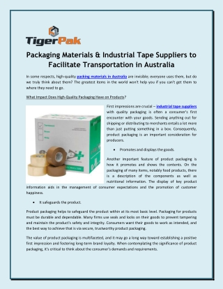 Packaging Materials & Industrial Tape Suppliers to Facilitate Transportation in Australia