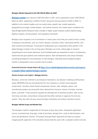 Biologics Market Expected to Hit USD 596.65 Billion by 2029