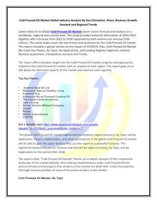 Global Cold Pressed Oil Market Opportunities and Forecast 2020-2027