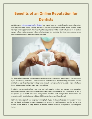 Benefits of an Online Reputation for Dentists