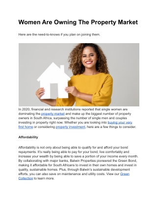 Women Are Owning The Property Market