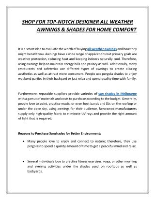 SHOP FOR TOP-NOTCH DESIGNER ALL WEATHER AWNINGS & SHADES FOR HOME COMFORT