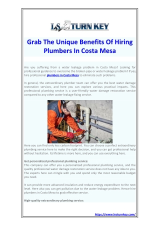 Grab The Unique Benefits Of Hiring Plumbers In Costa Mesa
