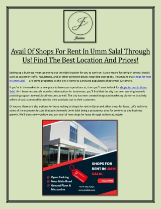 Avail Of Shops For Rent In Umm Salal Through Us! Find The Best Location And Prices