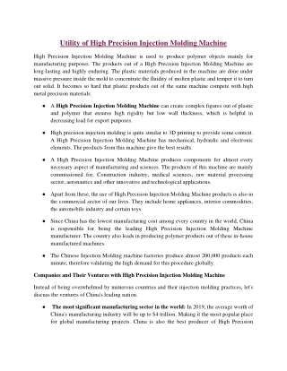Utility of High Precision Injection Molding Machine