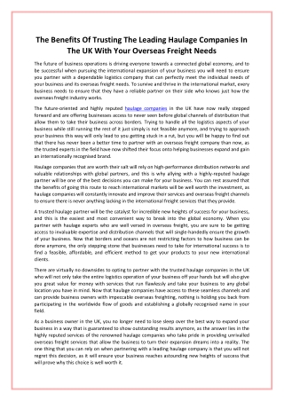 The Benefits Of Trusting The Leading Haulage Companies In The UK With Your Overseas Freight Needs