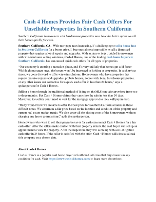 Cash 4 Homes Provides Fair Cash Offers For Unsellable Properties In Southern California