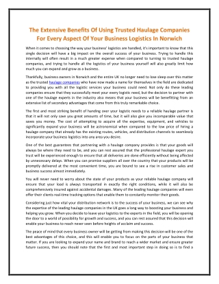 The Extensive Benefits Of Using Trusted Haulage Companies For Every Aspect Of Your Business Logistics In Norwich