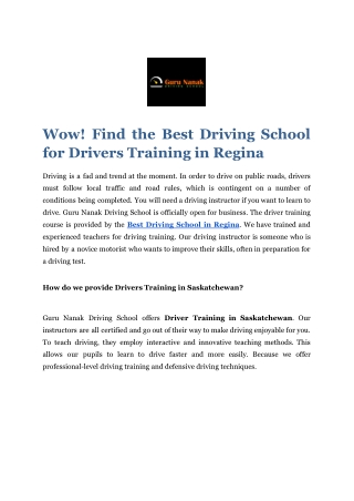 Wow! Find the Best Driving School for Drivers Training in Regina