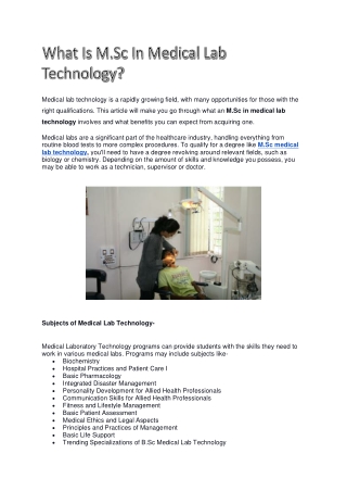 What Is M.Sc In Medical Lab Technology?