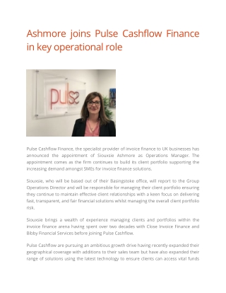 Ashmore joins Pulse Cashflow Finance in key operational role - Pulse Cashflow Finance
