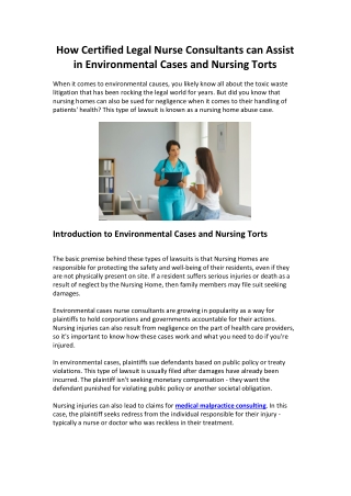How Certified Legal Nurse Consultants can Assist in Environmental Cases and Nursing Torts