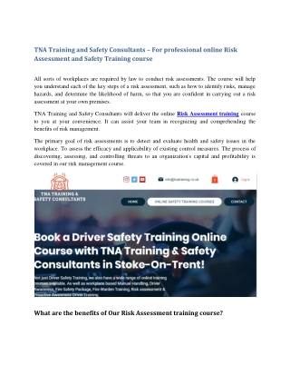 TNA Training and Safety Consultants – For professional online Risk Assessment and Safety Training course  PDF