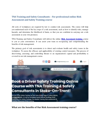 TNA Training and Safety Consultants – For professional online Risk Assessment and Safety Training course  PPT
