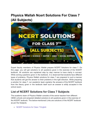 Physics Wallah Ncert Solutions For Class 7 (All Subjects)