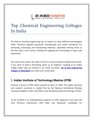 Top Chemical Engineering Colleges In India
