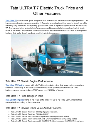 Tata ULTRA T.7 Electric Truck Price and Other Features